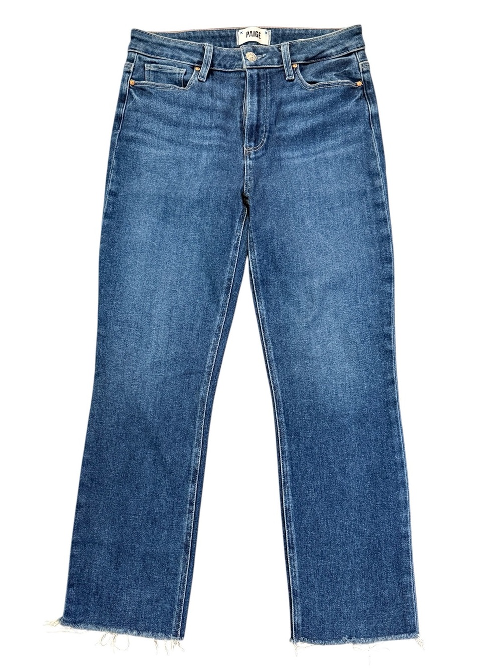 PAIGE Cindy Crop High Rise Straight Leg Raw Hem Jeans 28 Medium Wash Stretch